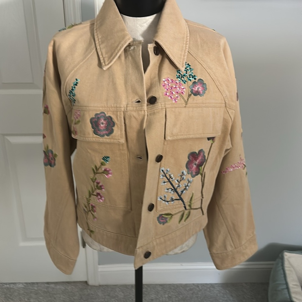 Anthropologie Beige Jean Jacket with Floral Details - Picture 10 of 12